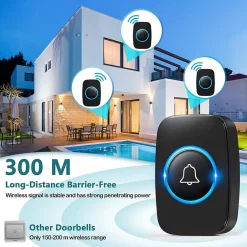 Sonnette extérieure sans fil étanche à 300 mètres, kit de sonnette avec récepteur enfichable pour la maison au Bureau, noir^Deko
