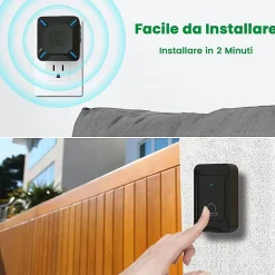 Sonnette extérieure sans fil étanche, voyant LED, portée 300 m, volume réglable sur 5 niveaux, 58 sonneries (noir)-Deko