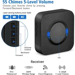 Sonnette électronique étanche IP55, portée de 300 m, 55 mélodies, 5 niveaux de volume - Noir^Deko New