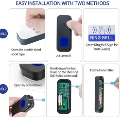Sonnette électronique étanche IP55, portée de 300 m, 55 mélodies, 5 niveaux de volume - Noir^Deko New