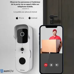 Sonnette portier HD app tuya smart life autonome sans fils alerte direct smartphone, vision nocture carillon fourni-Somlife Sale