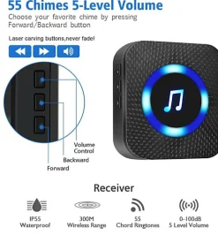 Sonnette sans fil, sonnette à distance 300m sonnette électronique étanche, kit de sonnette avec récepteur enfichable, noire^Deko