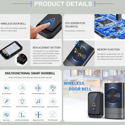 Sonnette sans fil, étanche IP44, portée 400 m, 52 mélodies, 4 niveaux de volume, voyant LED bleu (noir)-Deko Outlet