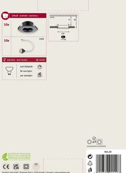 Spot encastré Kit de 10 fixe rond 90mm GU10 max. 10x10W 230V gradable Noir-Paulmann Outlet