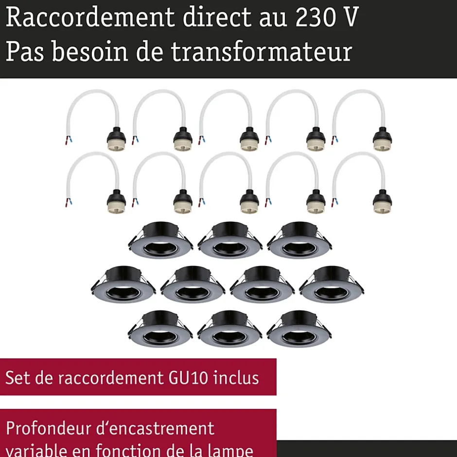 Spot encastré Kit de 10 fixe rond 90mm GU10 max. 10x10W 230V gradable Noir-Paulmann Outlet