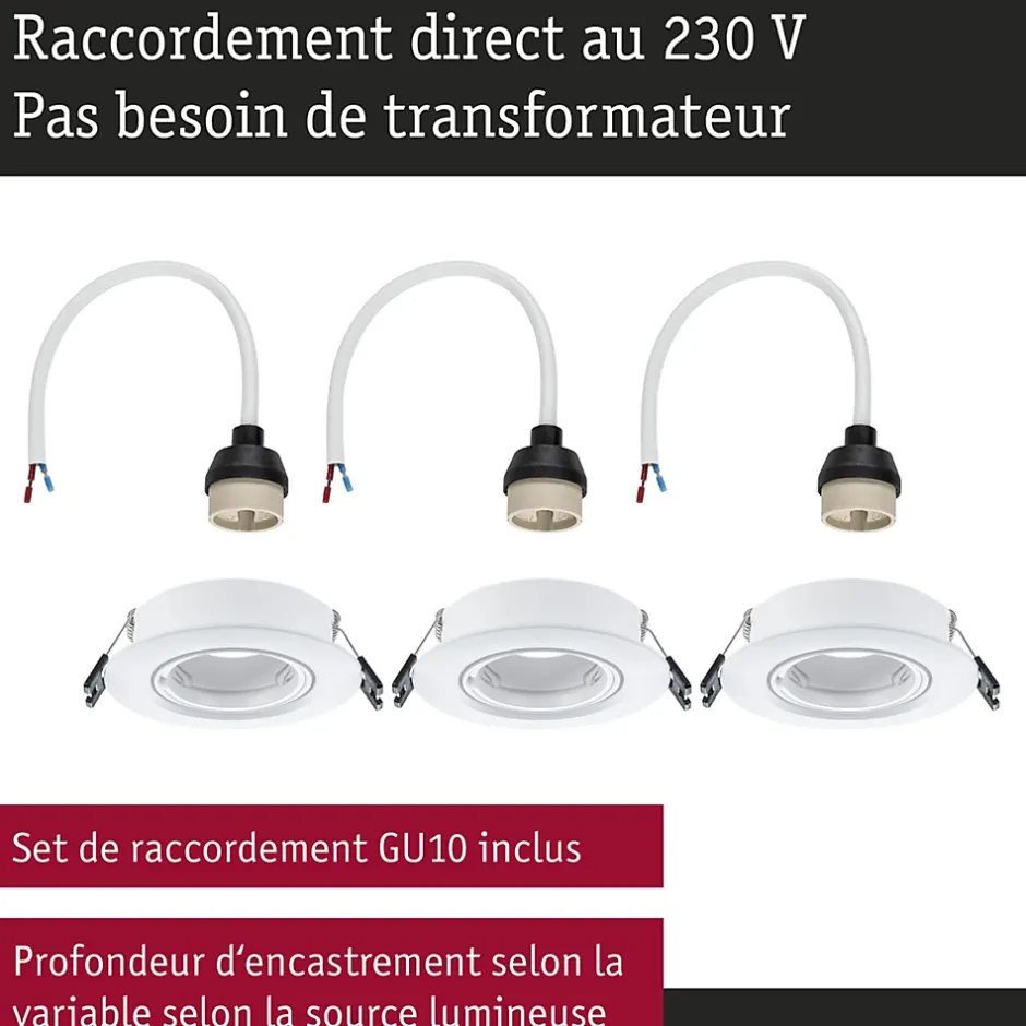 Spot encastré Kit de 3 orientable rond 90mm 30 GU10 max. 3x10W 230V gradable Blanc-Paulmann Clearance