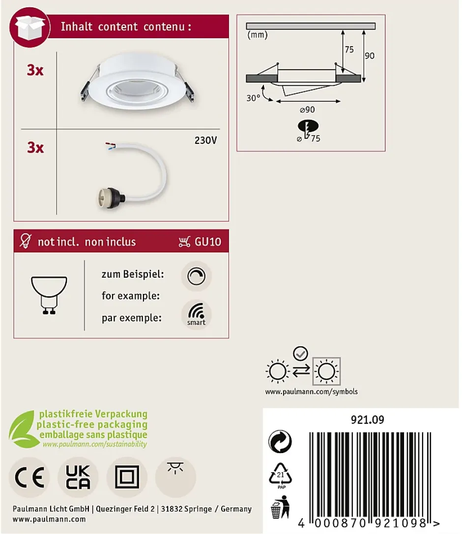 Spot encastré Kit de 3 orientable rond 90mm 30 GU10 max. 3x10W 230V gradable Blanc-Paulmann Clearance