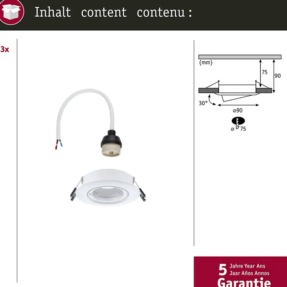 Spot encastré Kit de 3 orientable rond 90mm 30 GU10 max. 3x10W 230V gradable Blanc-Paulmann Clearance