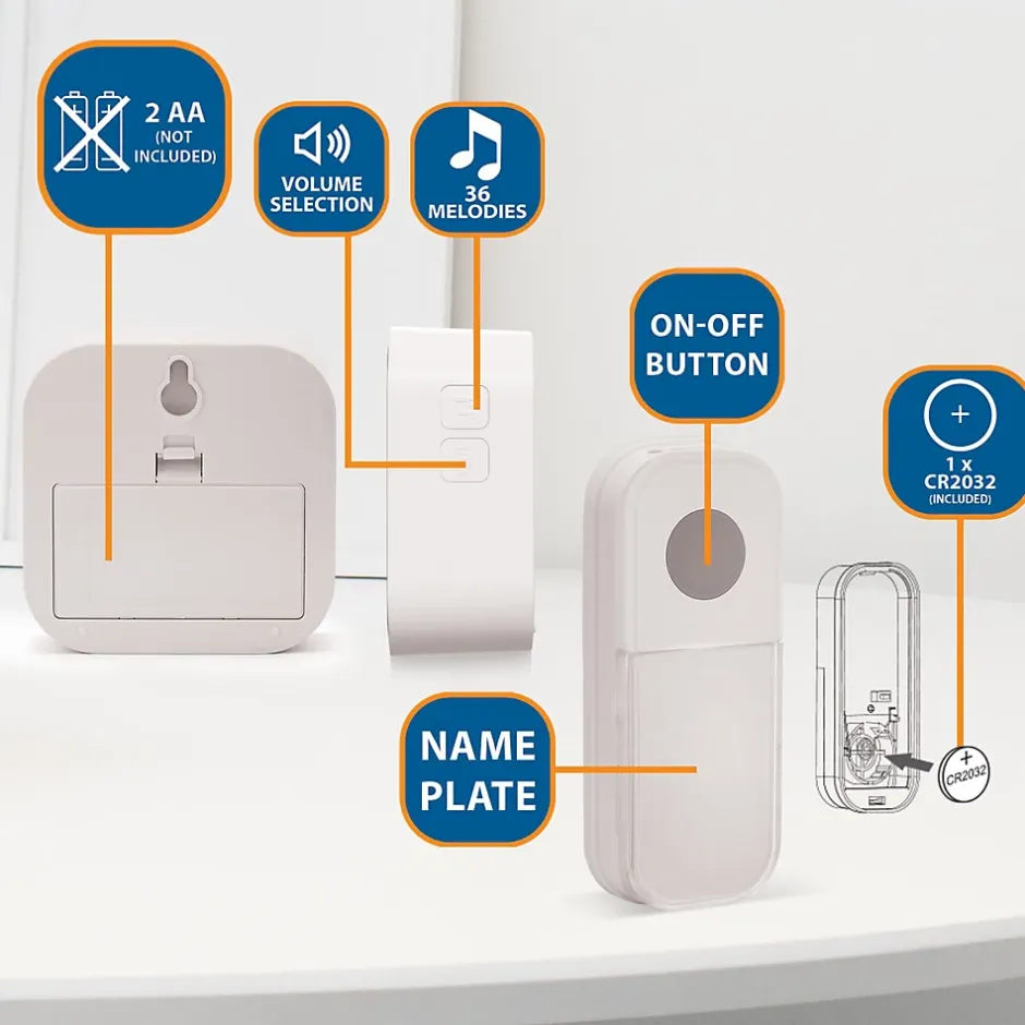 TAYLOR : Carillon sans fil à piles, 150m, 36 mélodies. Blanc-Velamp Hot