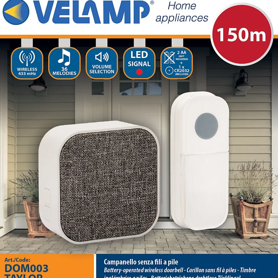 TAYLOR : Carillon sans fil à piles, 150m, 36 mélodies. Blanc-Velamp Hot