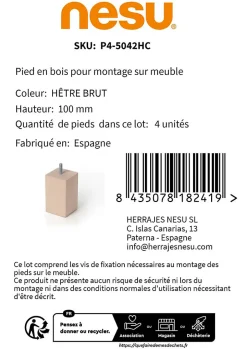 4un. Pied de meuble en bois de hêtre naturel non verni. Forme carrée hauteur 100 mm^Nesu Discount