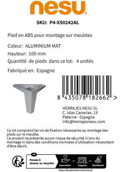 4un. Pied de meuble incliné scandinave pied nordique en résine plastique ABS ANTI-HUMIDITÉ couleur aluminium mat. Hauteur 100mm-Nesu Hot