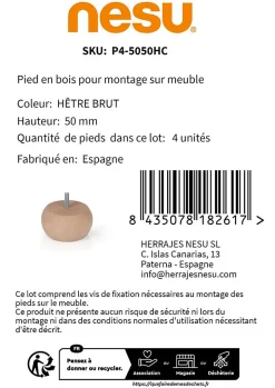 4un. Pied de meuble pied de canapé en bois de hêtre naturel non verni. Hauteur 50mm-Nesu Discount