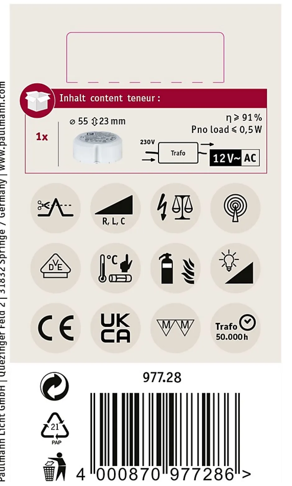 VDE Transfo électronique Disc max. 20-70W 230/12V 70VA Blanc^Paulmann Online