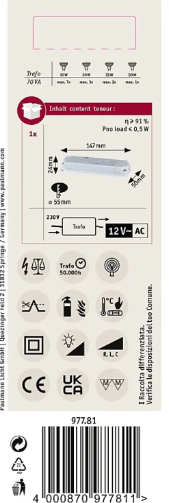 VDE Transfo électronique Flat Halogen AC max. 20-70W 230/12V 70VA Blanc^Paulmann