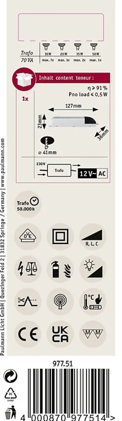 VDE Transfo électronique Mipro AC max. 20-70W 230/12V 70VA Gris Noir^Paulmann Outlet
