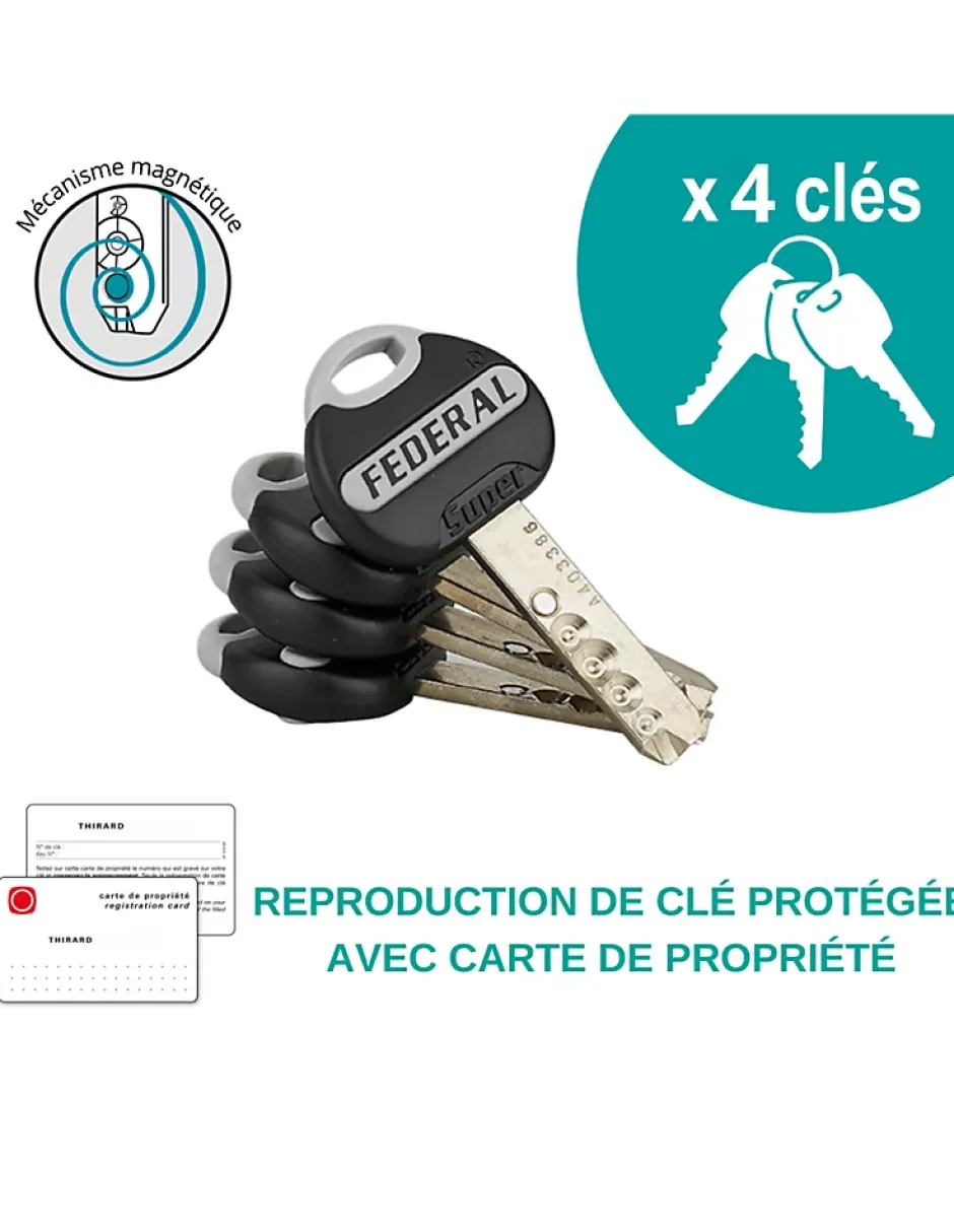 Verrou à bouton Federal pour porte d'entrée, cylindre 45mm, acier, 4 clés, époxy noir -^Thirard Sale