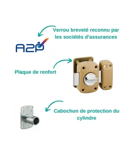 Verrou à bouton Transit 2 A2P pour porte d'entrée, cylindre 45mm, acier, 4 clés, époxy bronze -^Thirard Online