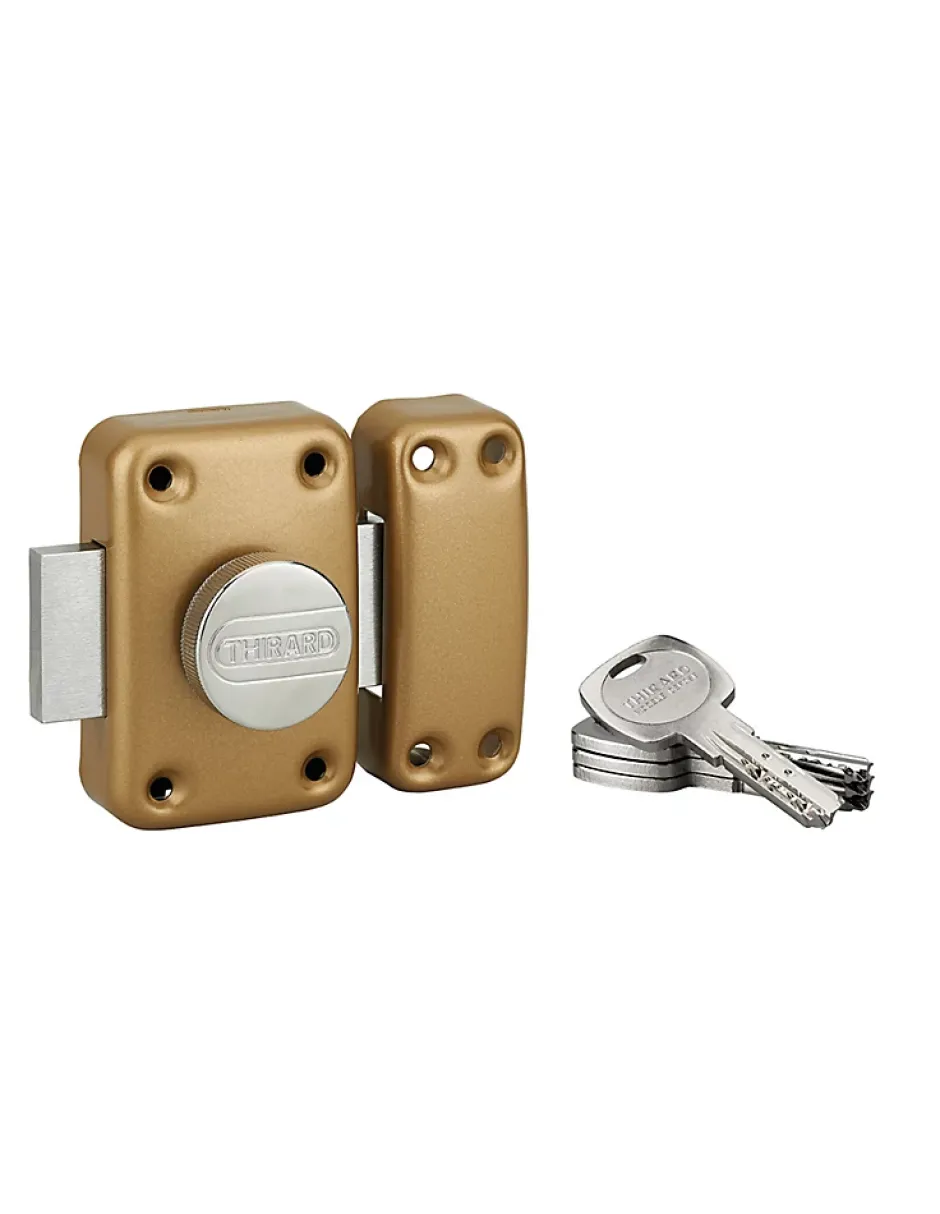 Verrou à bouton Transit 2 pour porte d'entrée, cylindre 80mm, 4 clés, époxy or --Thirard Online