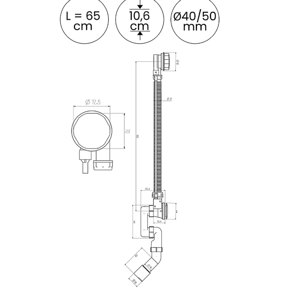 Vidage baignoire avec trop-plein - Bonde dorée - Flexible universel^Otitec New