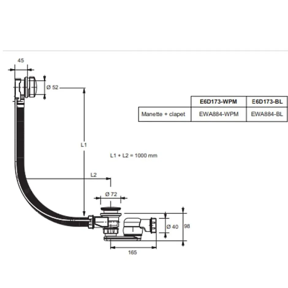 Vidage baignoire extra plat câble long (1m) noir mat^Jacob Delafon New