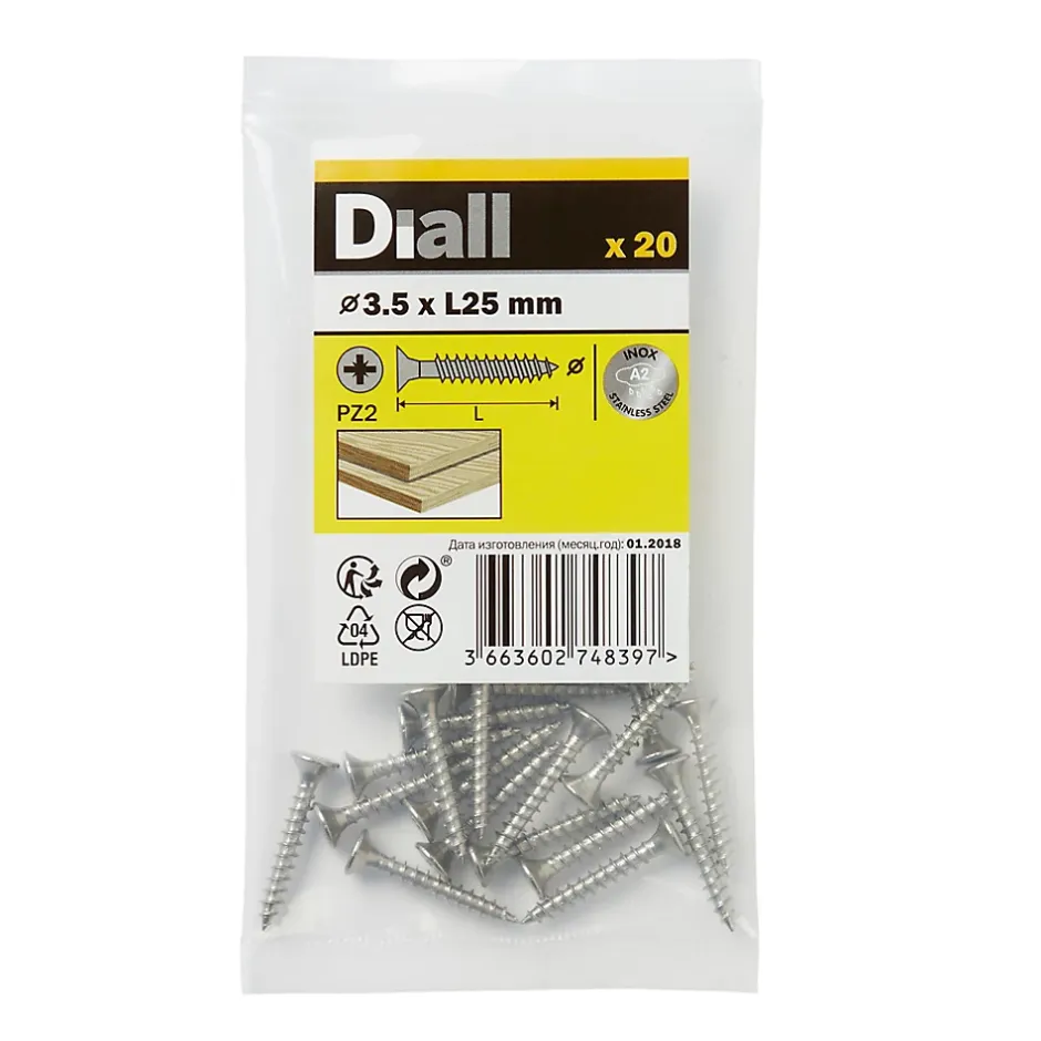 Vis à bois en acier inoxydable A2 pozidriv 3.5x25 mm - 20 pièces-Diall Clearance