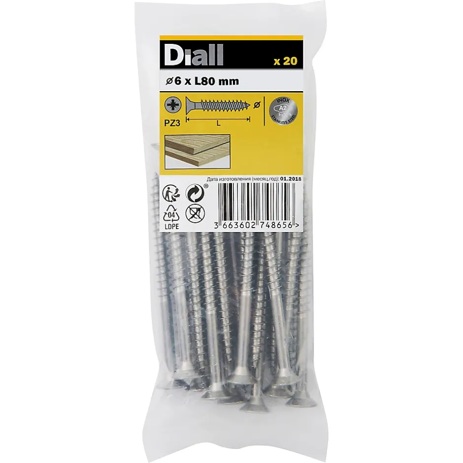 Vis à bois en acier inoxydable A2 pozidriv 6x80 mm - 20 pièces^Diall Best