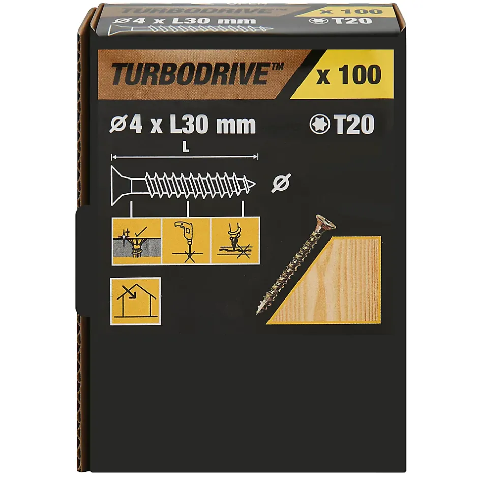 Vis à bois Premium torx zinguée jaune 4x30 mm - 100 pièces^TurboDrive Online
