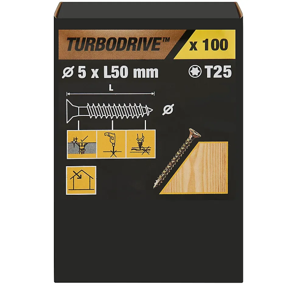 Vis à bois Premium torx zinguée jaune 5x50 mm - 100 pièces^TurboDrive Hot