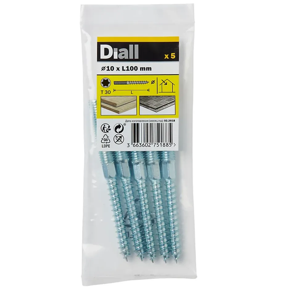 Vis à double filetage (métal/bois) 10x100 zingués mm - 5 pièces-Diall Discount