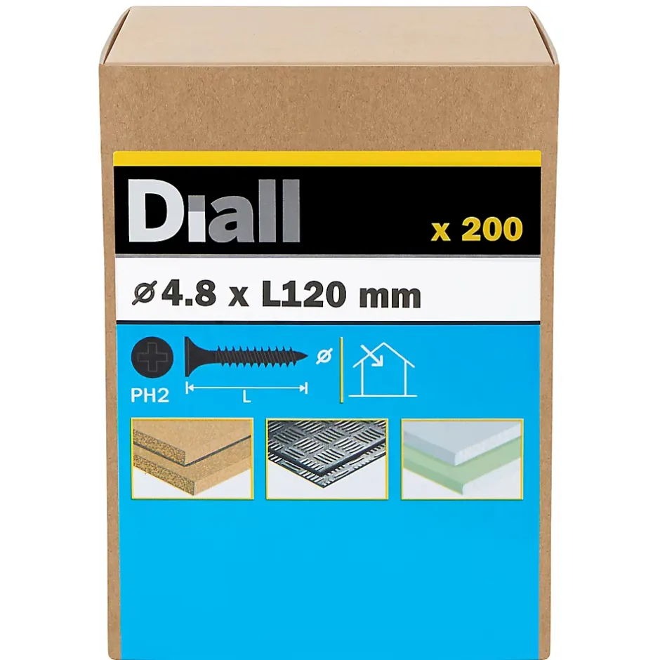 Vis pour plaque de plâtre (universelle), noir mat, 4,8x120 mm - 200 pièces^Diall Outlet